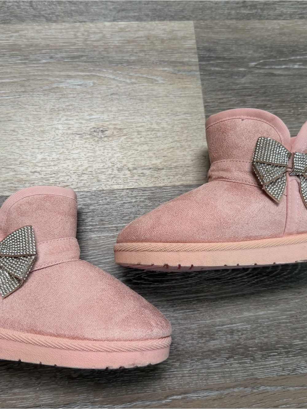 bebe Pink Rhinestone Bow Kids Suede-Look Boots